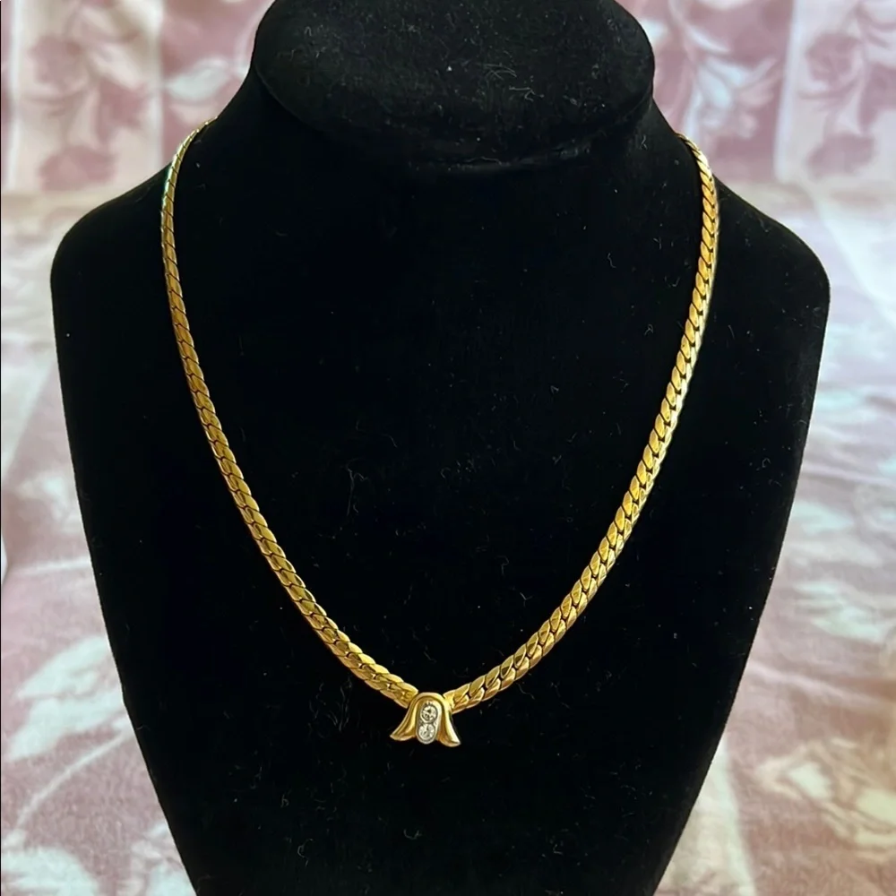 Vintage Gold-Tone Herringbone Chain Necklace with Rhinestone Accent 14 inch